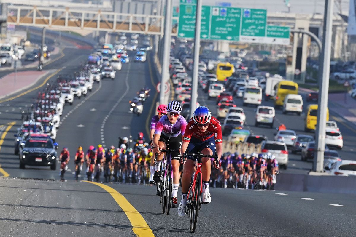 The final moments for the breakaway before they were fully caught 3km from the line
