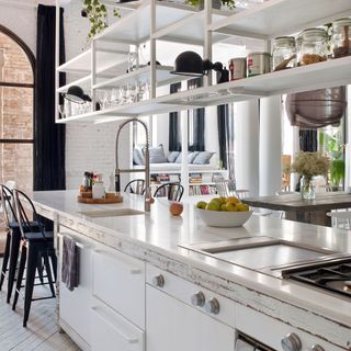 white countertop to ceiling shelving used as a room divider in white kitchen