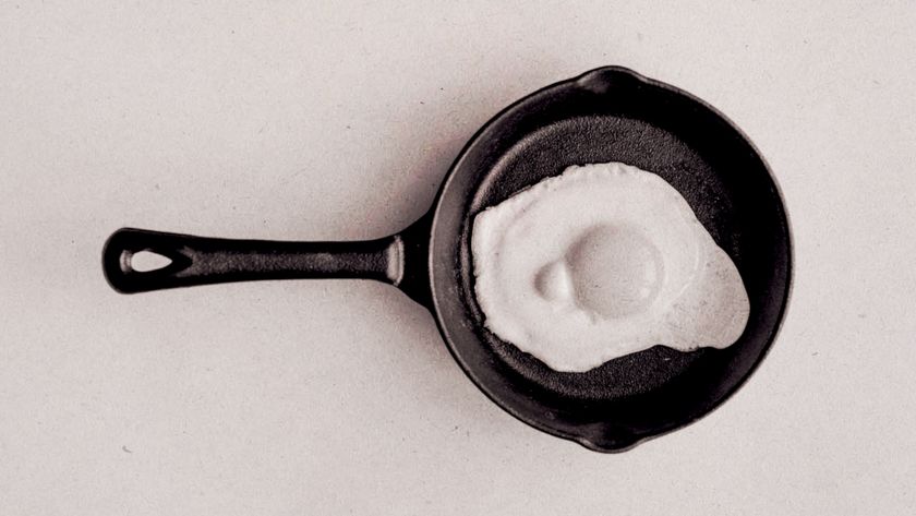Photograph of an egg frying in a pan, edited to resemble the 1987 &#039;this is your brain on drugs&#039; PSA.