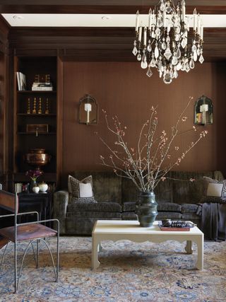 A living room in dark brown