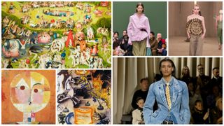 A collage of surrealist art and Fall 2024 runway looks