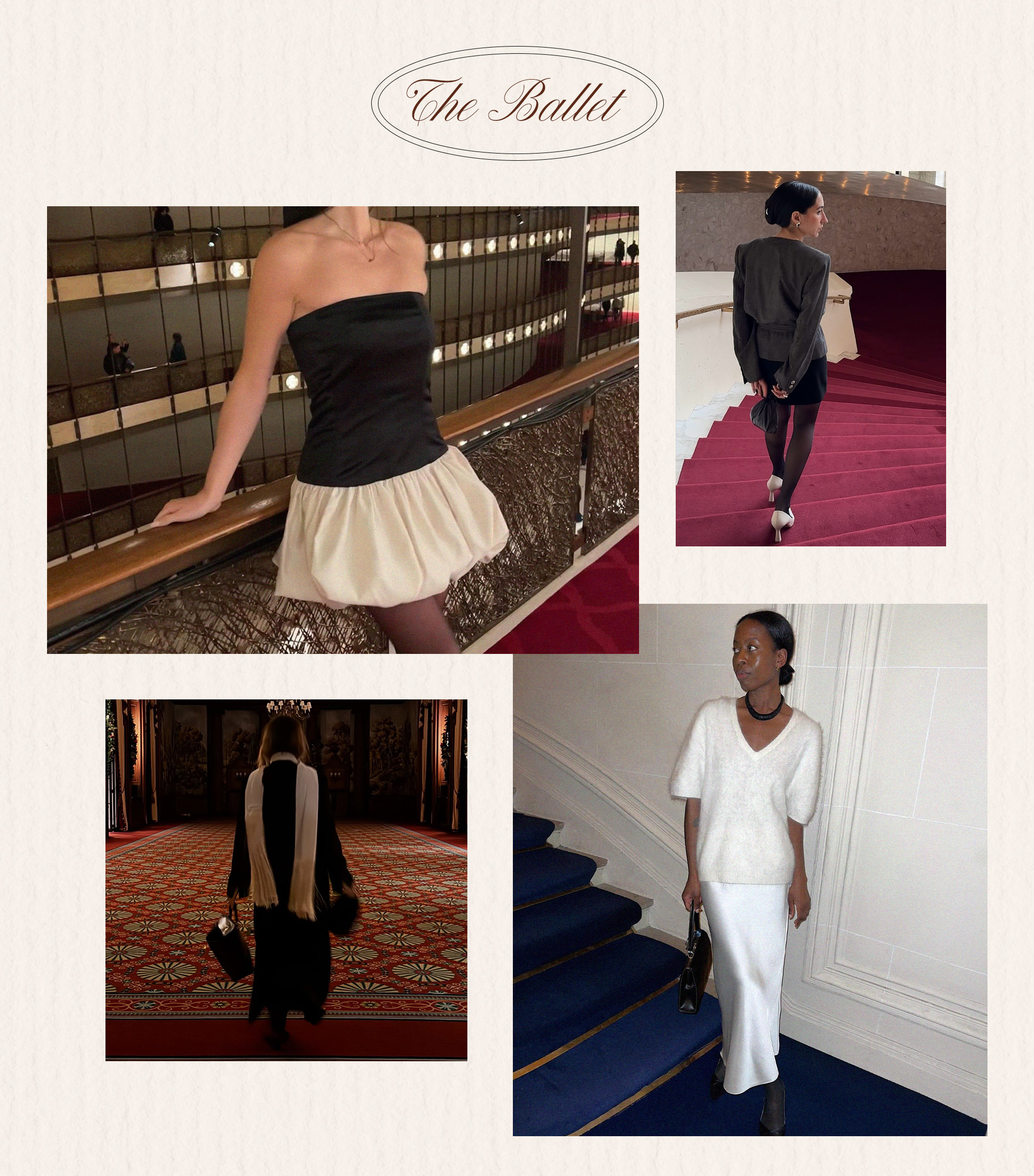 one woman wears a black dress with ivory hem; one woman wears a black jacket with a silk scarf; one woman wears a gray top with a black skirt and tights; one woman wears a white sweater with a a white slip skirt.