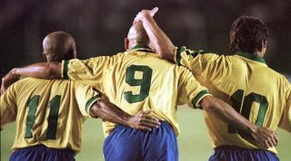 Romario, Ronaldo and Leonardo celebrate a goal for Brazil against Paraguay at the 1997 Copa America.