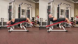 Ultimate Performance trainer demonstrates two positions of the weighted decline crunch