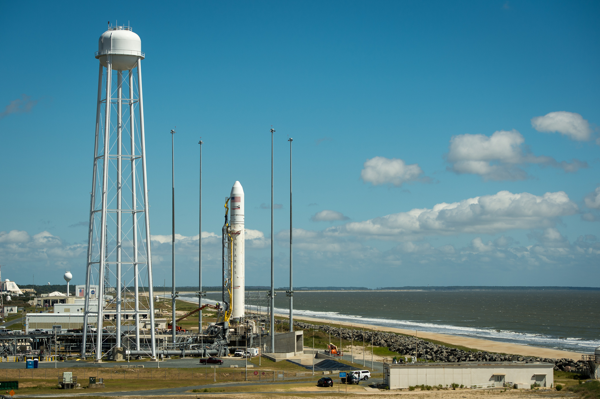 The Orbital Sciences Corporation Antares rocket, with its Cygnus cargo spacecraft aboard, is seen on the Mid-Atlantic Regional Spaceport (MARS) Pad-0A at the NASA Wallops Flight Facility, Tuesday, Sept. 17, 2013 on Wallops Island, Virginia.