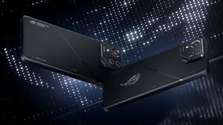 The front and back angled views of the Asus ROG Phone 8 Pro, highlighting its AniMe LED Matrix