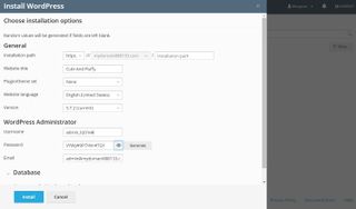 Hostwinds' WordPress installation options window
