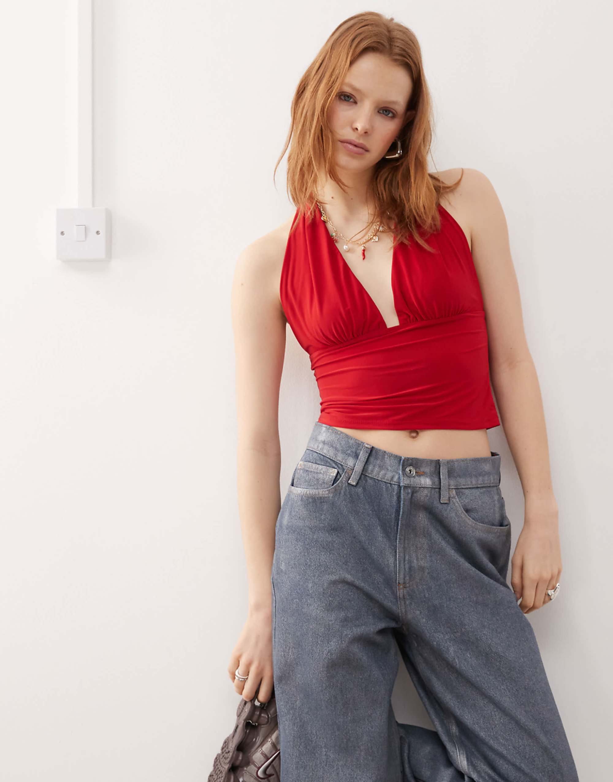 Collusion Cupro Longline Slinky Halter Top in Red