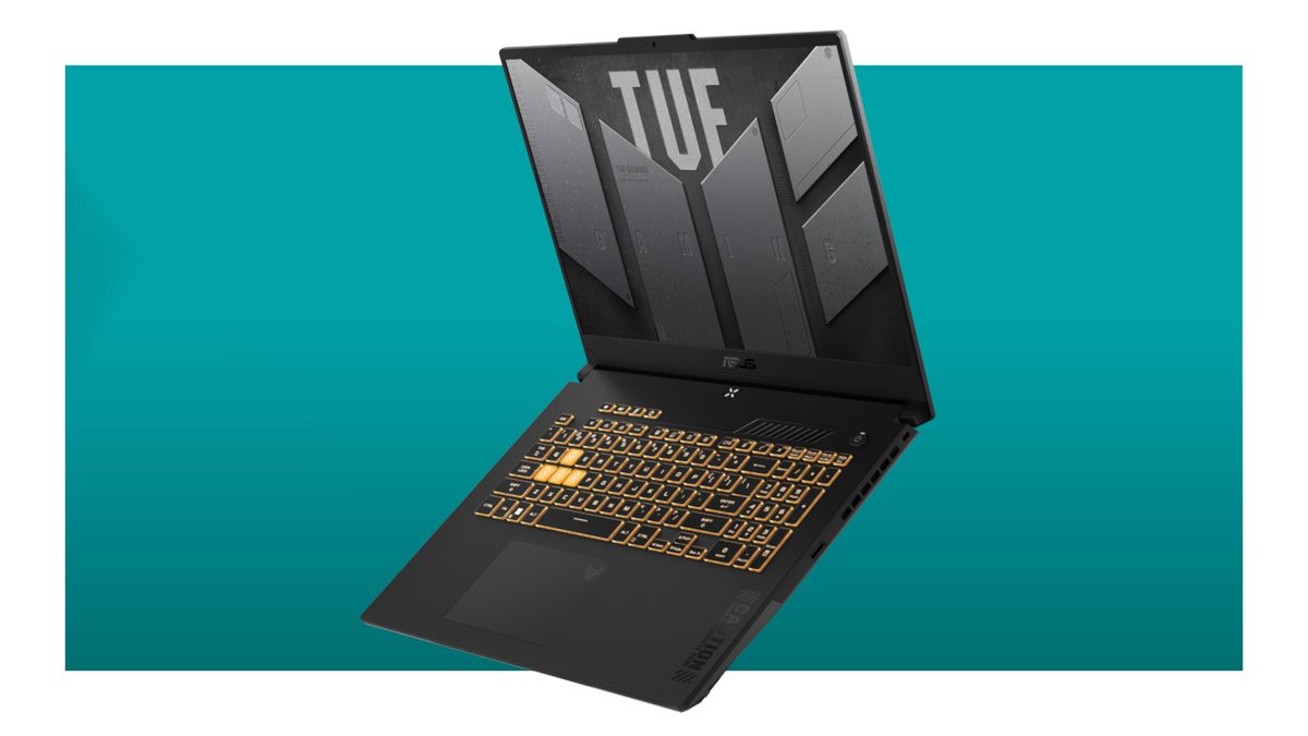 A promotional image of an Asus TUF Gaming F17 laptop against a teal background with a white border