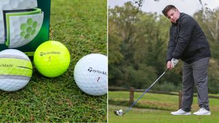 A mixture of TaylorMade Tour Response Golf Balls and a golfer lining up