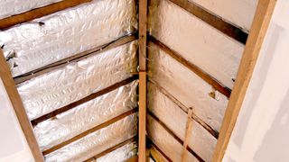 Exposed wooden rafters in vaulted ceiling with foil insulation 