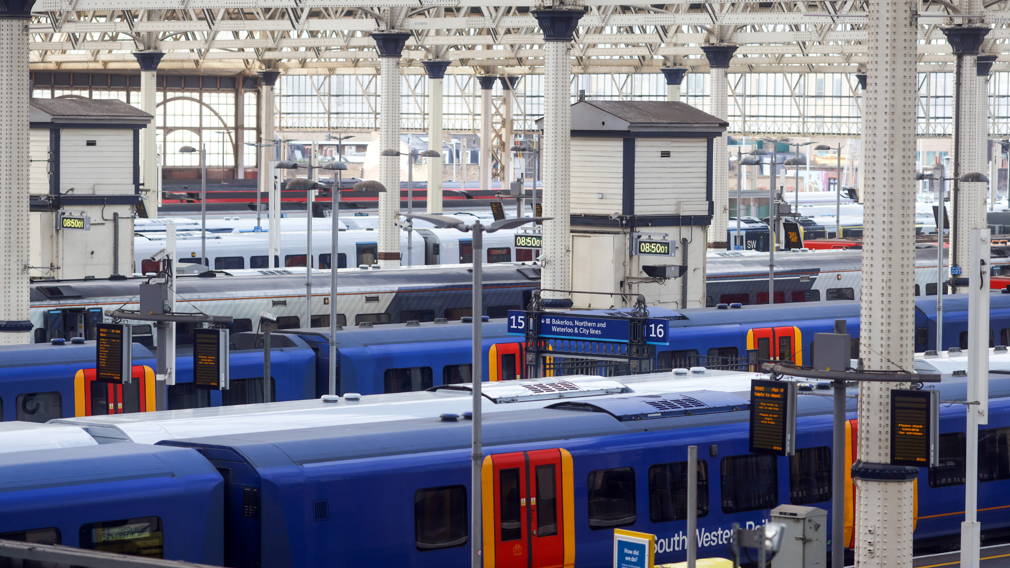 South Western Railway trains stopped in London's Waterloo station