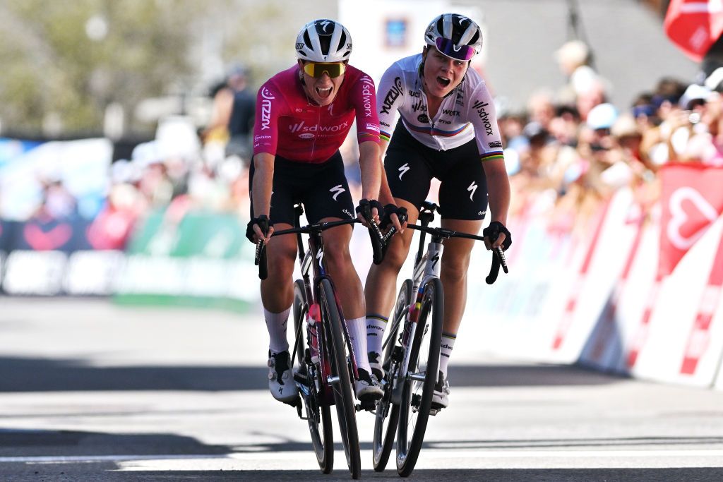 VERCORIN SWITZERLAND SEPTEMBER 07 LR Stage winner Demi Vollering of The Netherlands and Team SD Worx Protime and Lotte Kopecky of Belgium and Team SD Worx Protime spduring the 3rd Tour de Romandie Feminin 2024 Stage 2 a 1019km stage from Chippis to Vercorin 1319m UCIWWT on September 07 2024 in Vercorin Switzerland Photo by Luc ClaessenGetty Images