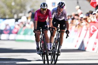 VERCORIN SWITZERLAND SEPTEMBER 07 LR Stage winner Demi Vollering of The Netherlands and Team SD Worx Protime and Lotte Kopecky of Belgium and Team SD Worx Protime spduring the 3rd Tour de Romandie Feminin 2024 Stage 2 a 1019km stage from Chippis to Vercorin 1319m UCIWWT on September 07 2024 in Vercorin Switzerland Photo by Luc ClaessenGetty Images