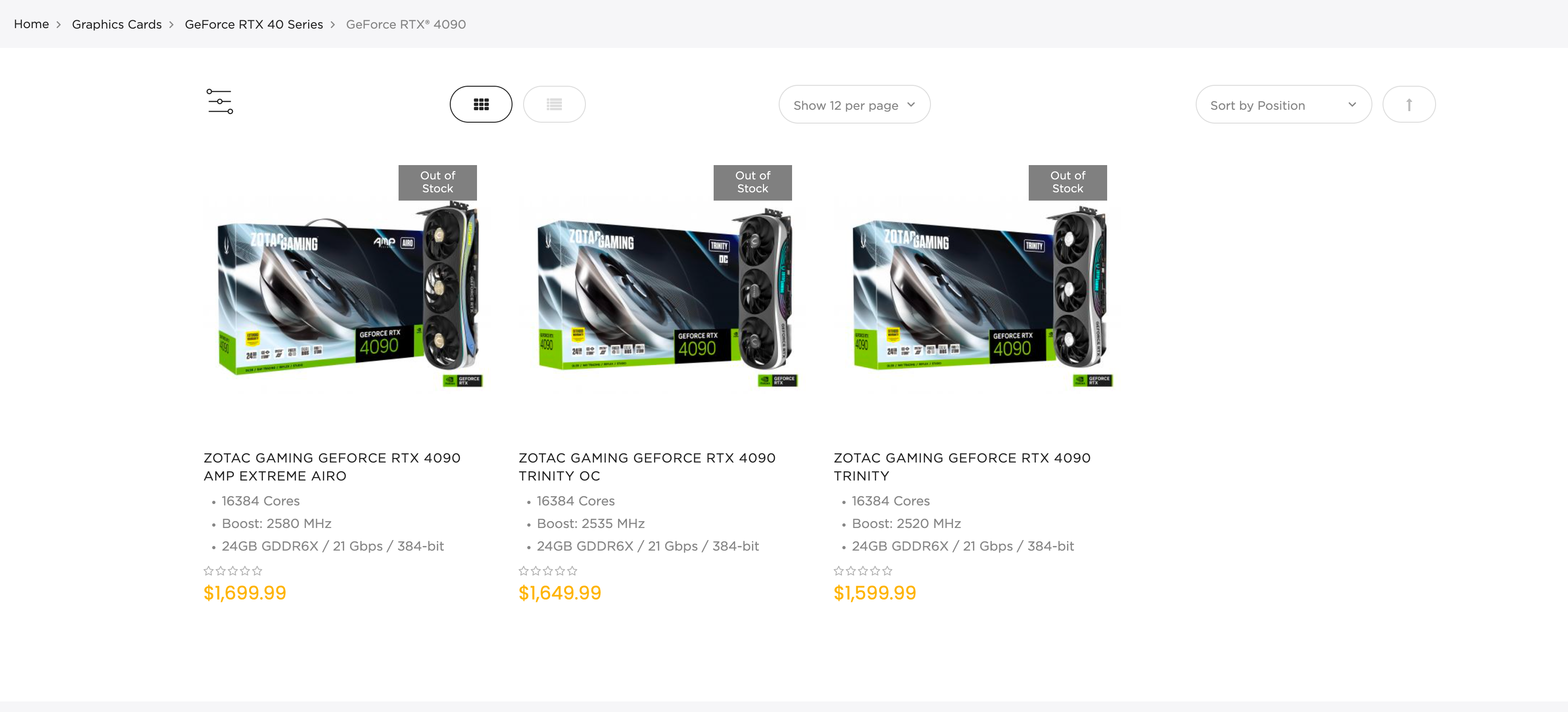 Screenshot of the shop page on Zotac site