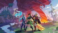 Stormforge key art - three heroic looking characters in cartoon cel shaded style stand in front of a fantasy landscape filled with tornadoes