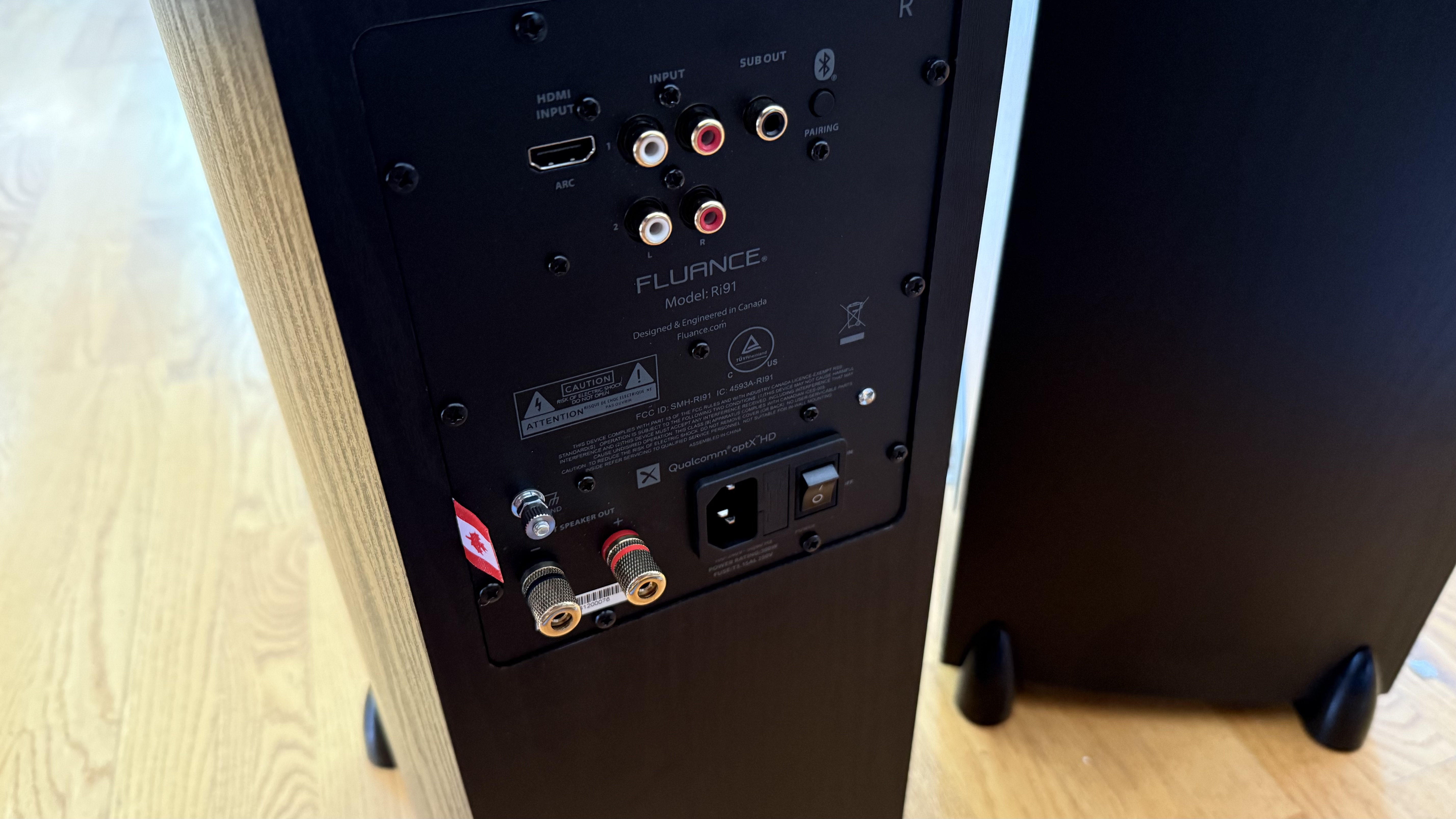 The Fluance Ri91 speakers' connections on the rear
