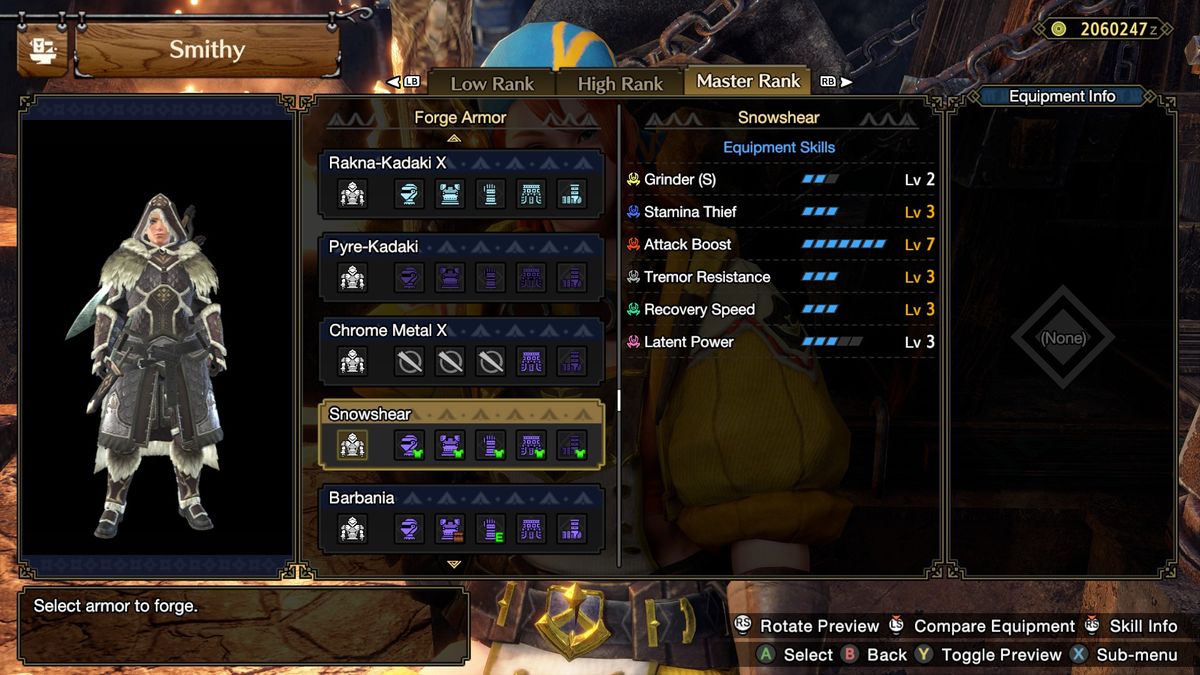 Sunbreak secret armor set Snowshear: a hooded leather and scale overcoat with fur-lined gauntlets, boots, and pauldrons.