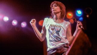 American musician Chrissie Hynde, of the group Pretenders, performs at the Aragon Ballroom, Chicago, Illinois, April 13, 1984.