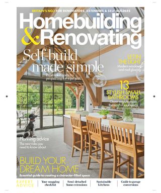 front cover of Homebuilding & Renovating magazine showing an oak frame kitchen space with doors leading out to a garden