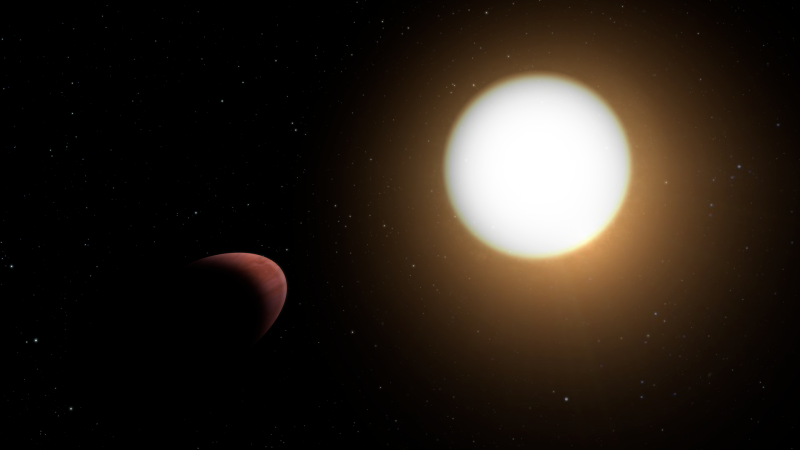 Artist&#039;s impression of the football-shaped exoplanet WASP-103b.