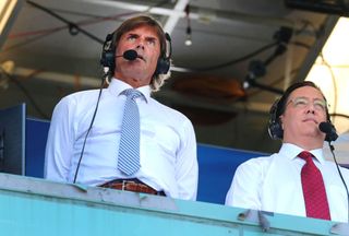 Dennis Eckersley and Dave O'Brien in the NESN broadcast booth at Fenway Park