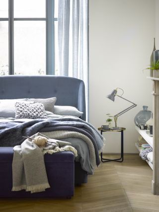 Blue room design ideas in a Scandi style bedroom with lots of textures