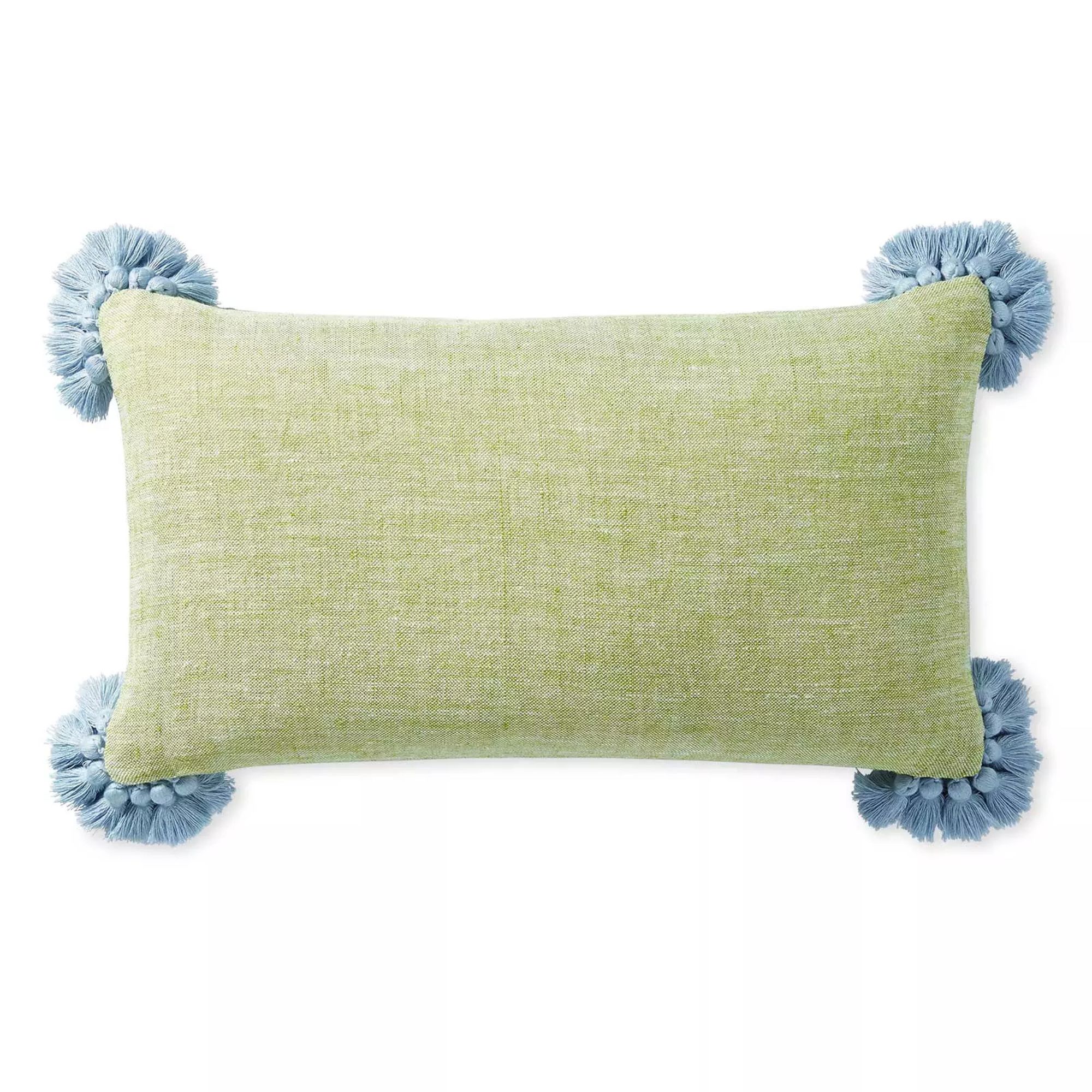 Serena & Lily green pillow with blue tassels 