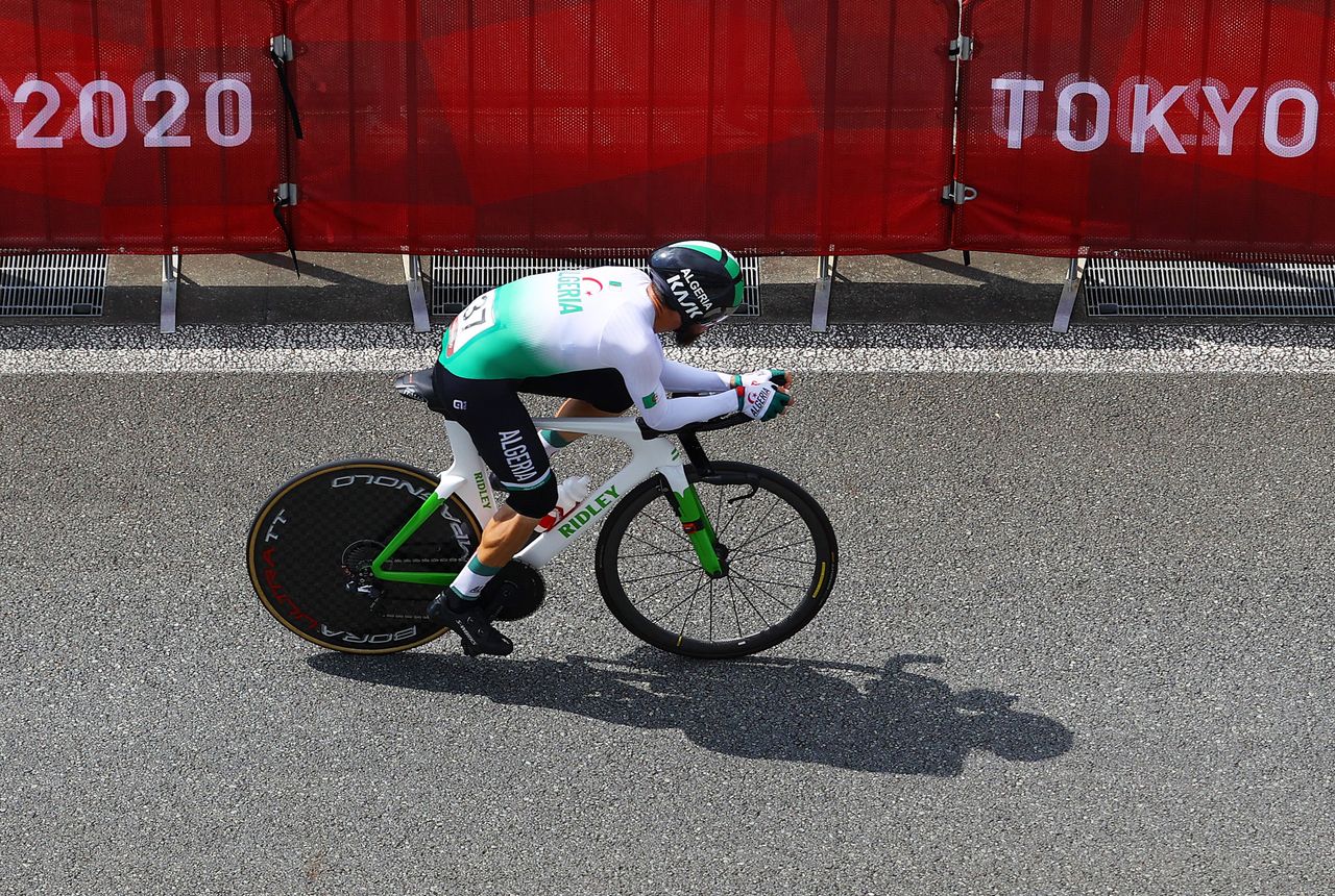 Azzedine Lagab riding for Algeria at the Tokyo 2020 Olympic individual time trial