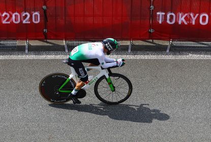 Azzedine Lagab riding for Algeria at the Tokyo 2020 Olympic individual time trial