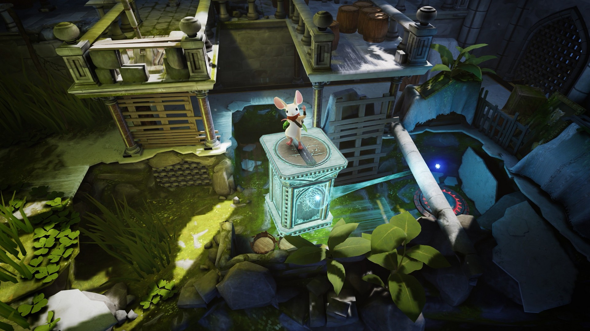 The player moves Quill on a stone block in Moss: The Forgotten Relic