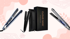 A collage of three different pairs of Cloud Nine hair straighteners on a pale pink background