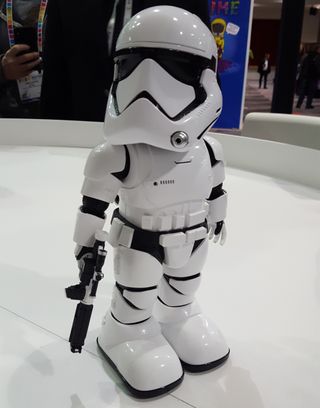 UbTech's "Star Wars" First Order Stormtrooper moves around controlled by a mobile app.