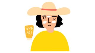 Illustration of a woman with a had and SPF50 on to protect her skin
