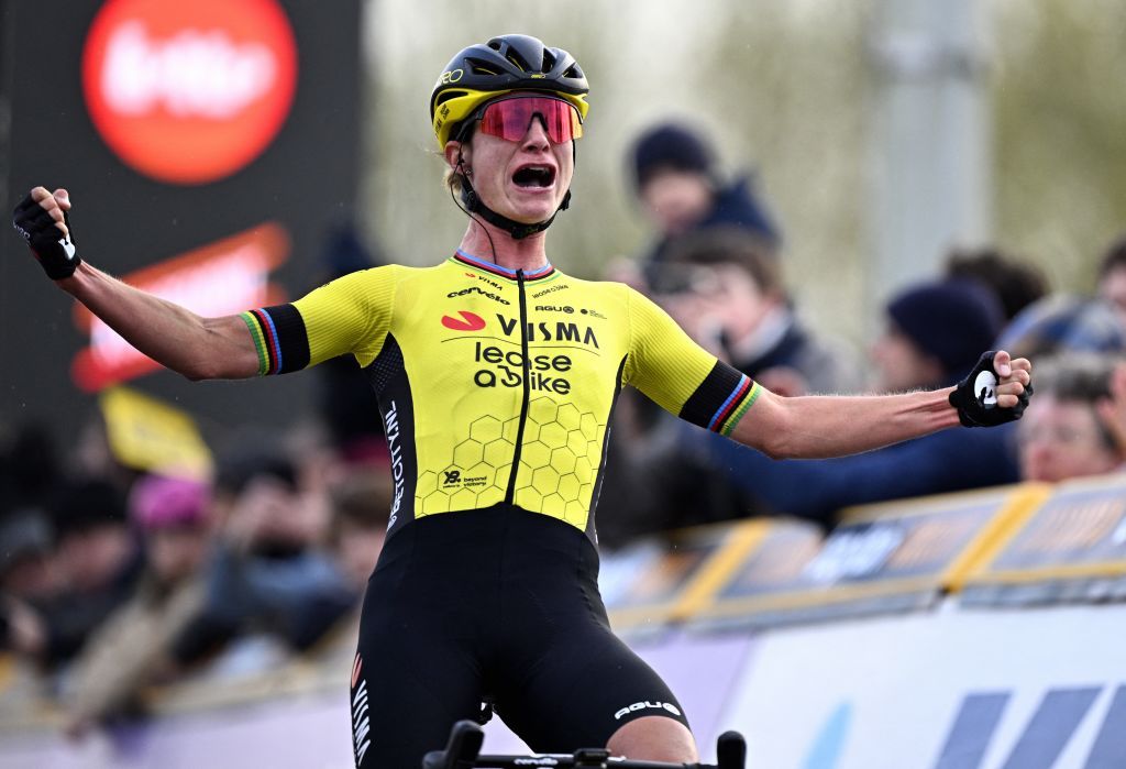 Dutch Marianne Vos of Team Visma-Lease a Bike celebrates after winning the women elite race of the 'Dwars Door Vlaanderen' cycling race, 129,9 km with start and finish in Waregem, Wednesday 27 March 2024. BELGA PHOTO JASPER JACOBS (Photo by JASPER JACOBS / BELGA MAG / Belga via AFP)