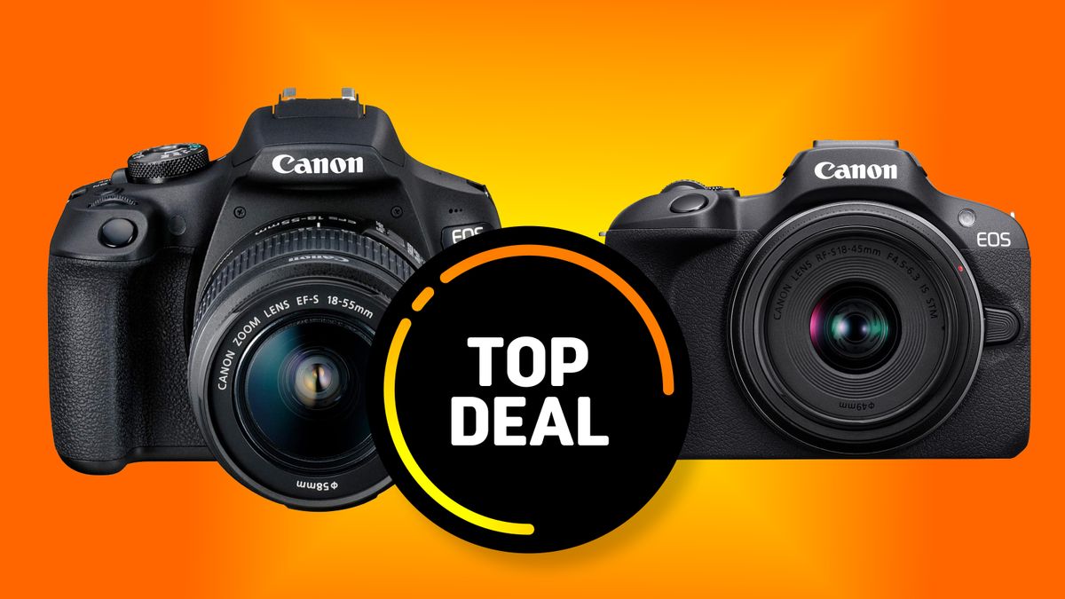 The Canon T7 DSLR and R100 mirrorless camera on an orange background