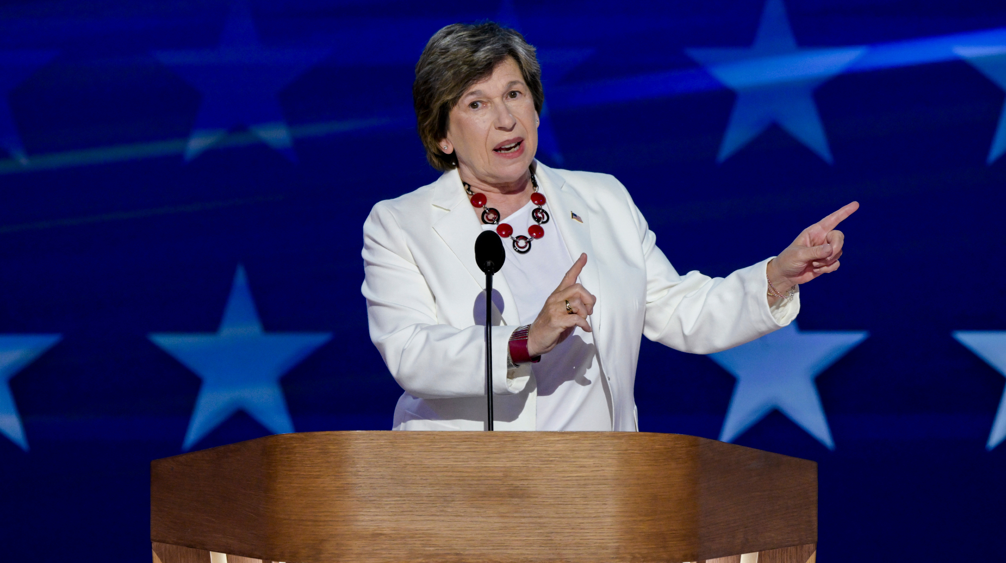 Randi Weingarten, president of the American Federation of Teachers, speaks during the Democratic National Convention (DNC) at the United Center in Chicago, Illinois, US, on Thursday, Aug. 22, 2024. The DNC this week marks the ceremonial crowning of Vice President Kamala Harris and Minnesota Governor Tim Walz as the party's presidential nominees, capping off a whirlwind month for Democrats who quickly coalesced behind the new ticket after President Joe Biden dropped out of the race in July