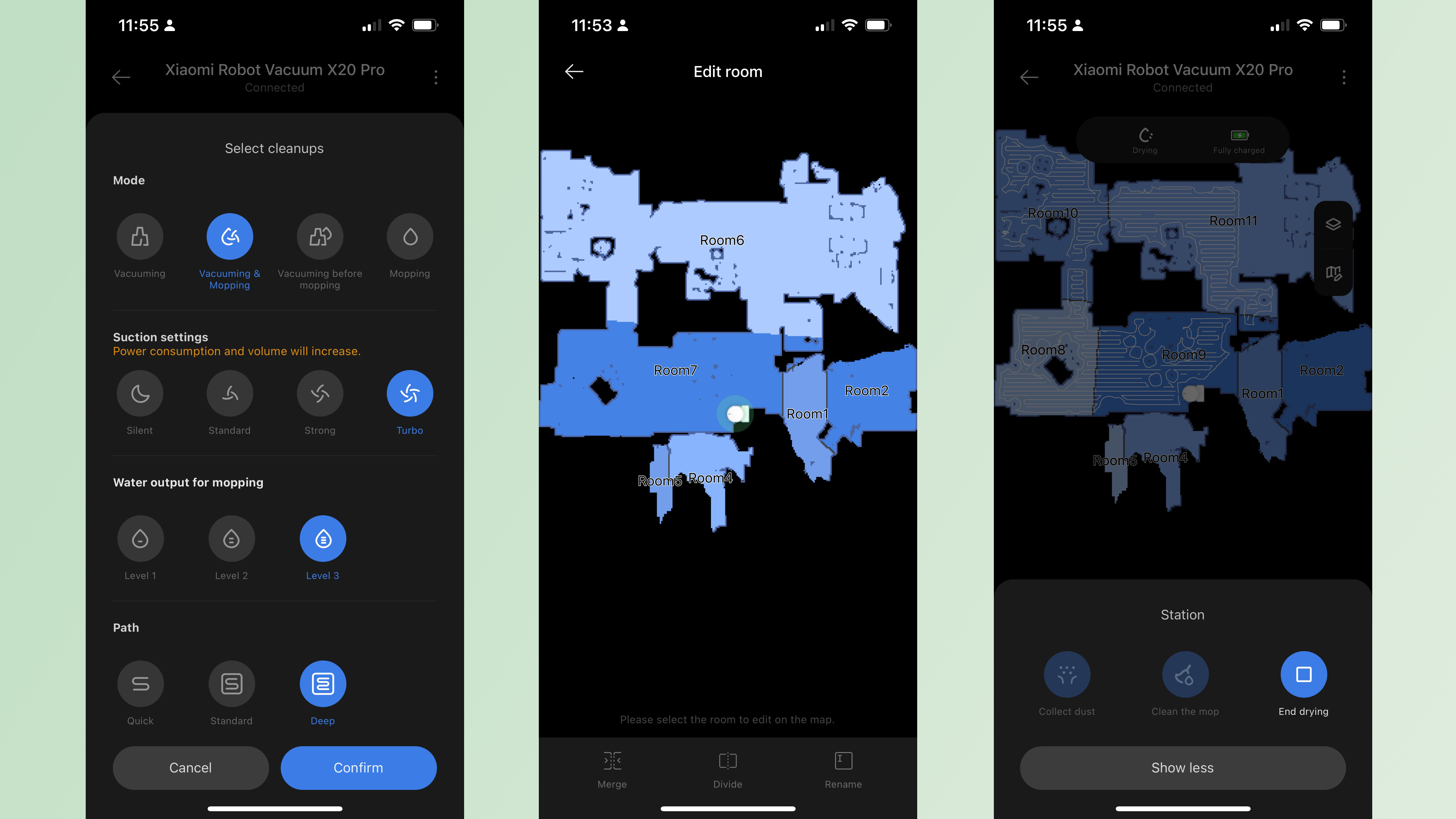 Screenshots from companion app for Xiaomi X20 Pro robot vacuum