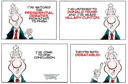 Political cartoon U.S. 2016 election Presidential debates viewer Hillary Clinton Donald Trump