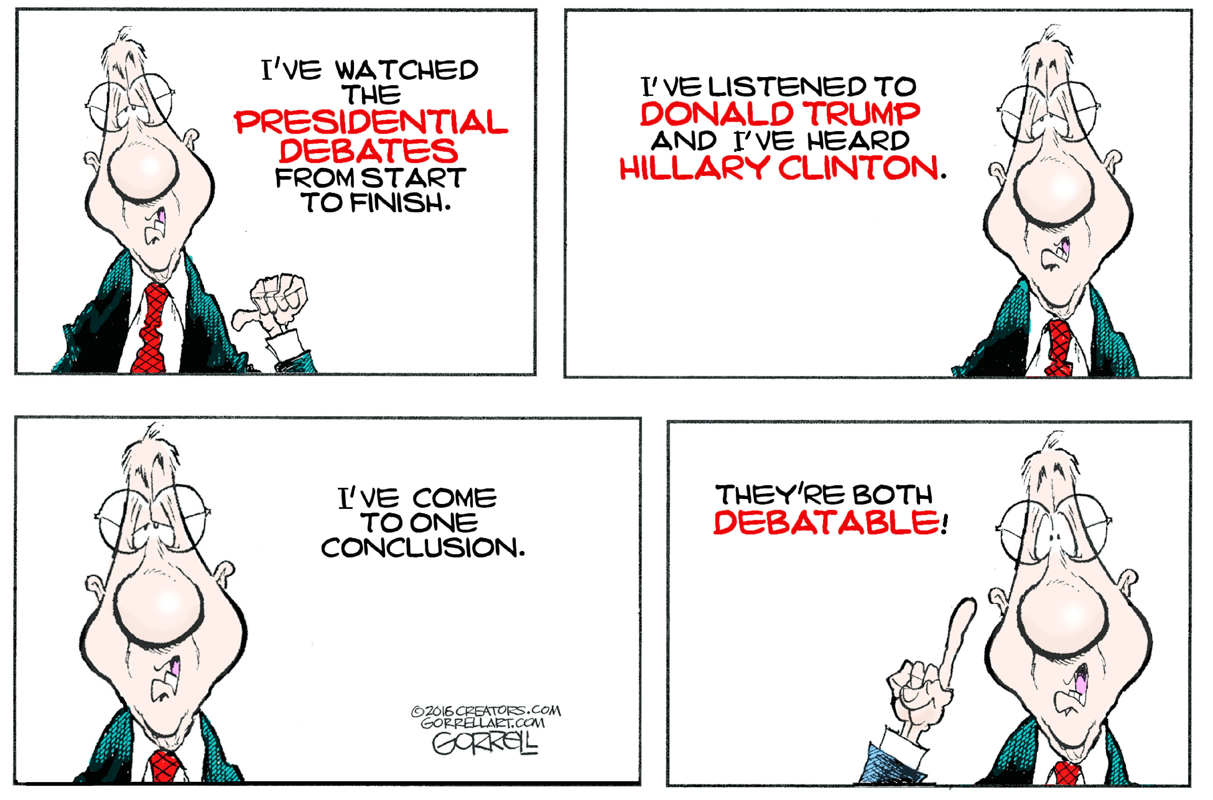 Political cartoon U.S. 2016 election Presidential debates viewer Hillary Clinton Donald Trump