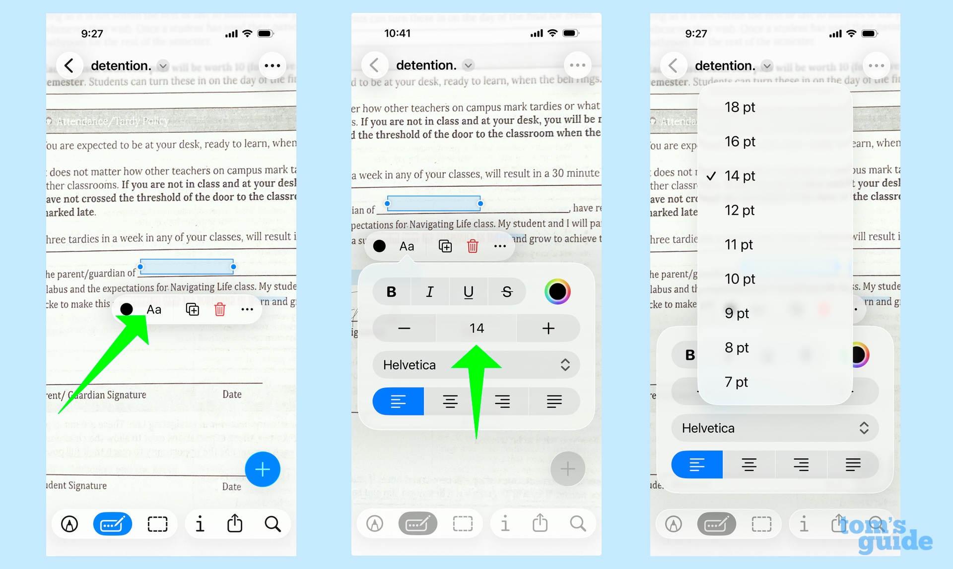 Adjust font size in Preview by tapping Aa icon and then selecting font size