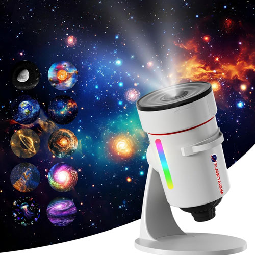The Hommkiety Galaxy Projector in white with various planets and deep space objects in the background.