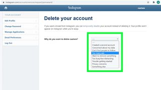 how to delete an Instagram account — A screenshot showing a drop down menu, asking why the user would like to delete their Instagram account.