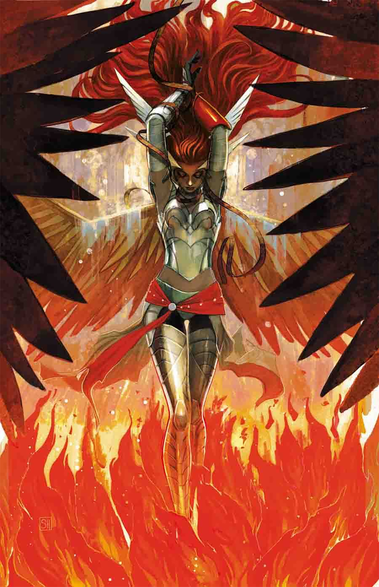 Angela dangling above fire by one of her ribbons. She&#039;s clad in full armor, and her massive wings are stretching out to frame her in the image