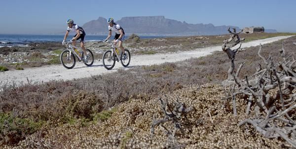 On the day before the Cape Epic, Team Bulls 1 riders Karl Platt (l) and Stefan Sahm (r) go for a spin.