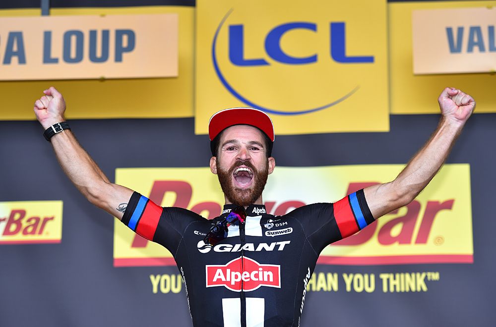 Simon Geschke celebrates his first Tour de France stage win in Pra Loup