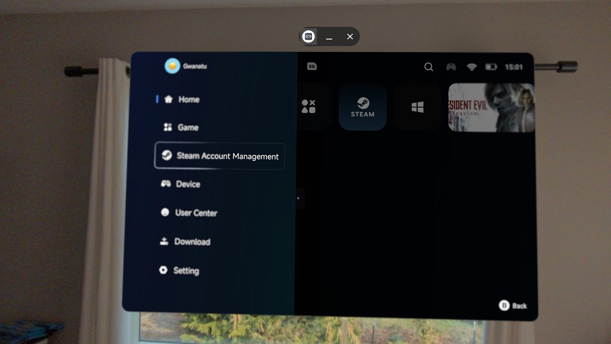 Playing Steam games with the GameHub app, running in Android XR on a Samsung Galaxy XR headset