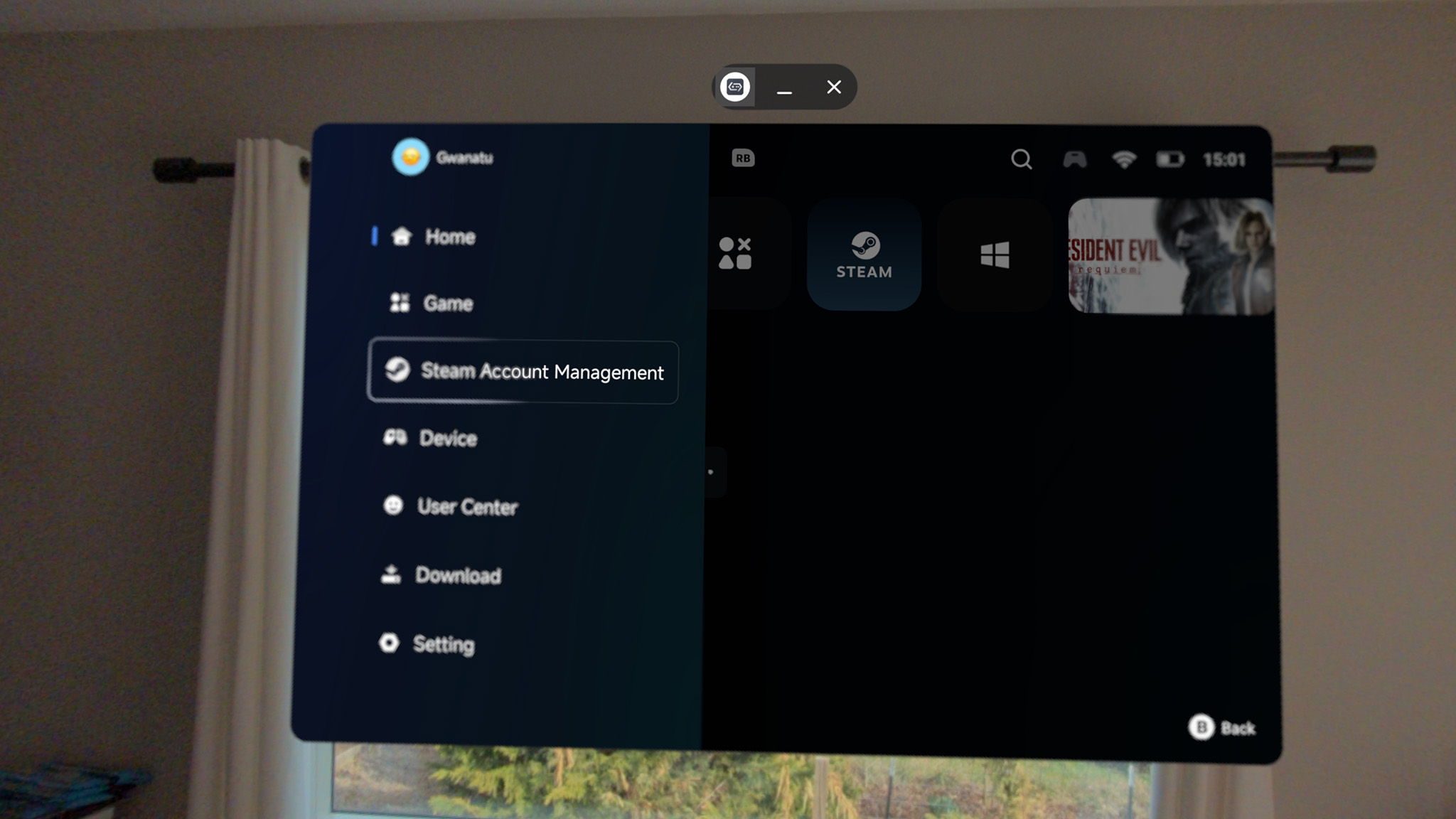 Playing Steam games with the GameHub app, running in Android XR on a Samsung Galaxy XR headset