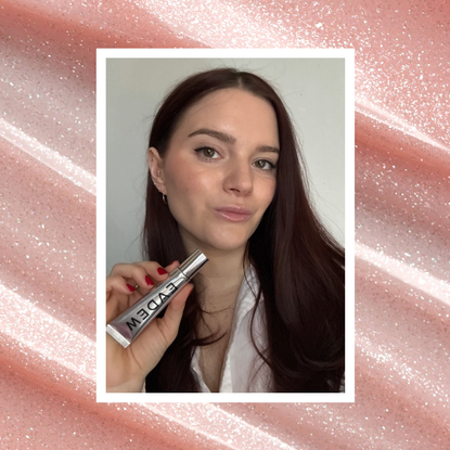 brooke knappenberger holding up eadem lip balm tube with white border overlaid eadem lip balm tubes and glitter lip gloss swatch background