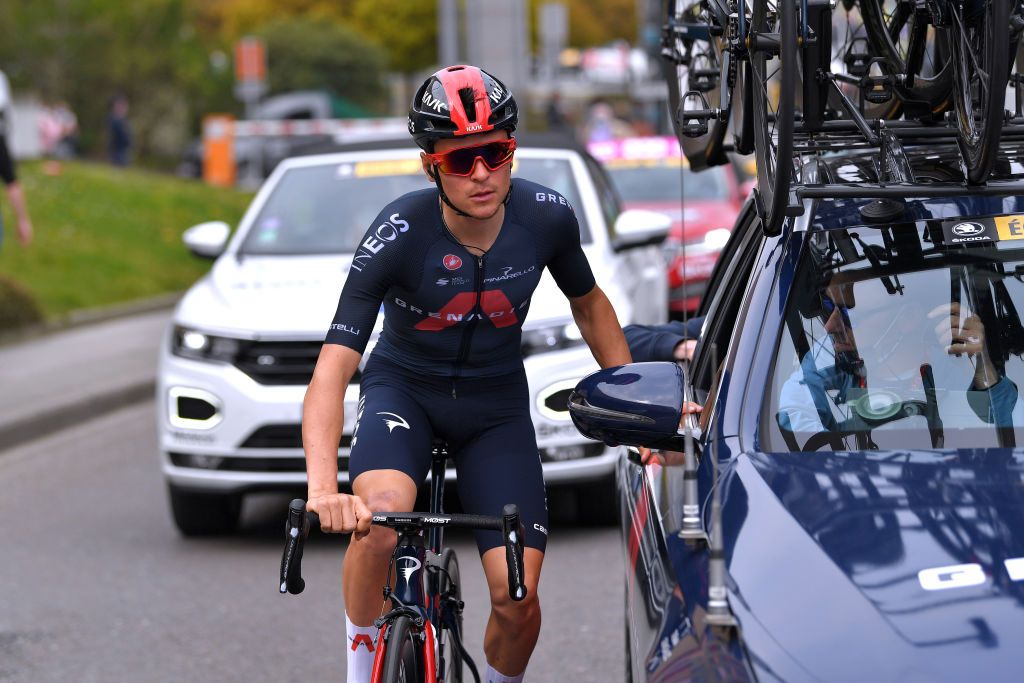 MUR DE HUY BELGIUM APRIL 21 Thomas Pidcock of United Kingdom and Team INEOS Grenadiers during the 85th La Fleche Wallonne 2021 Men Elite a 1936km race from Charleroi to Mur de Huy 204m Mechanic Radio Problem Car FlecheWallonne on April 21 2021 in Mur de Huy Belgium Photo by Luc ClaessenGetty Images